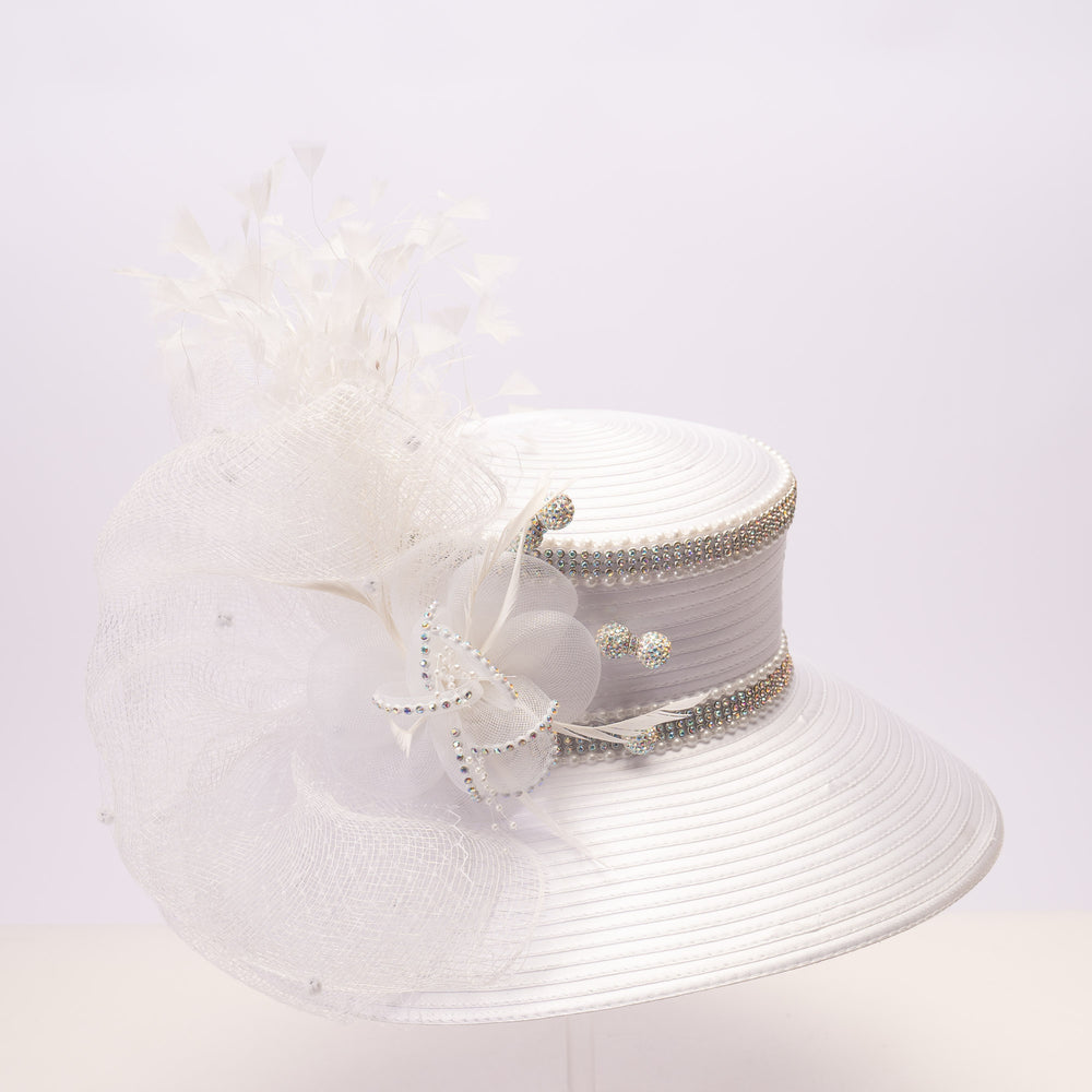 White satin sailor hat with large mesh crinoline bow, crystal accents, rhinestone band, and wide brim