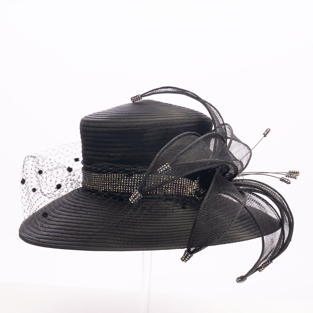 Sinamay Ribbon Flower Wide Brim Hat: Black