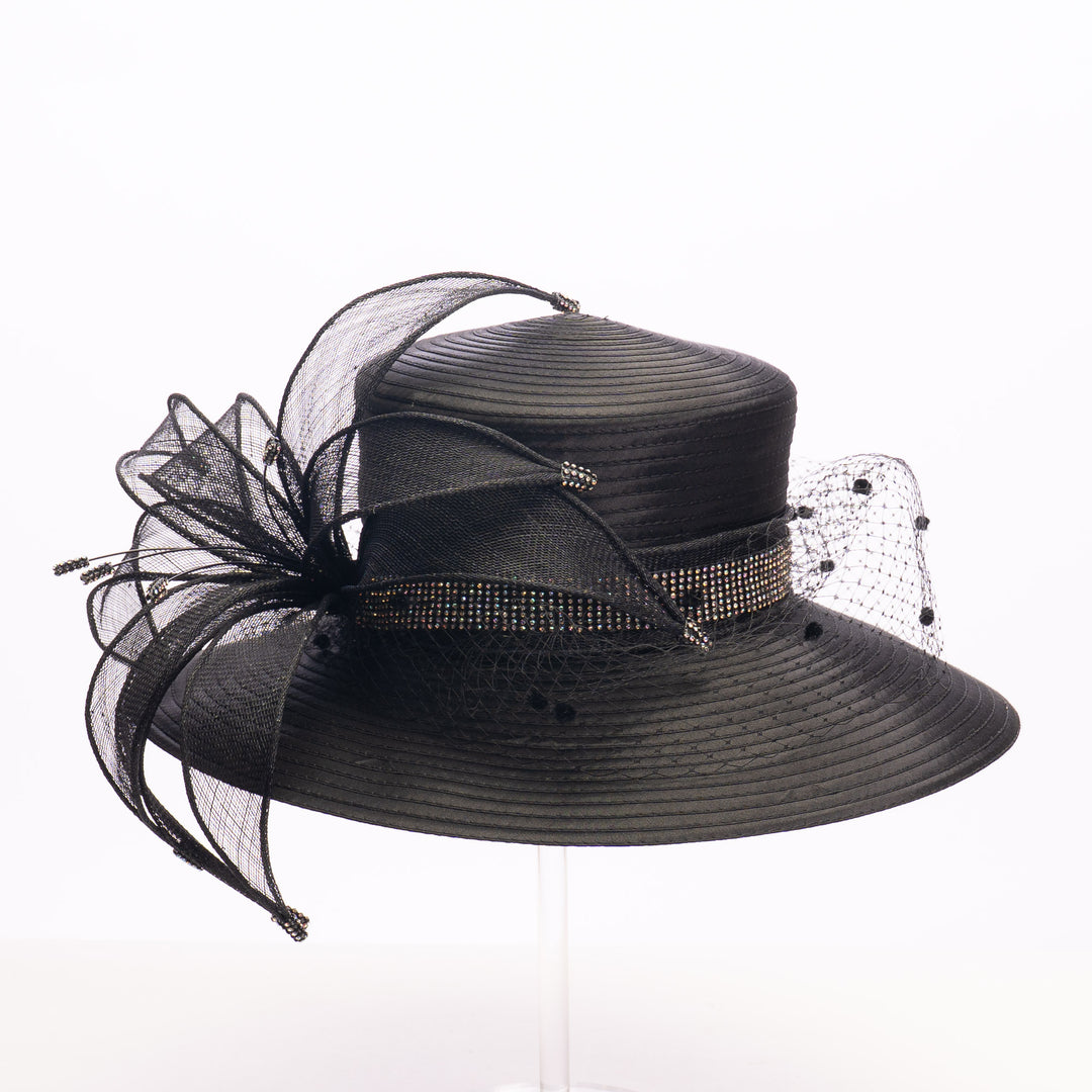 Sinamay Ribbon Flower Wide Brim Hat: Black