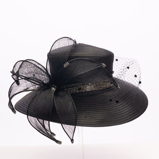 Sinamay Ribbon Flower Wide Brim Hat: Black