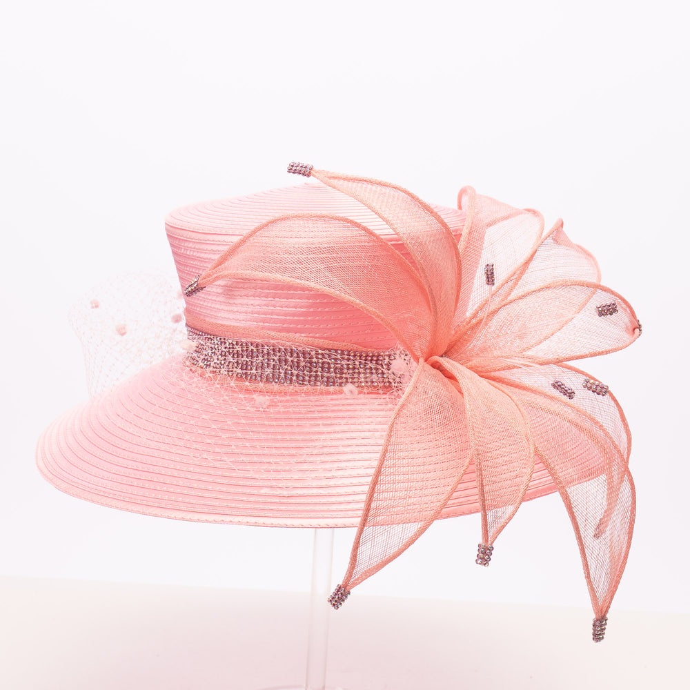 Sinamay Ribbon Flower Wide Brim Hat: Light Pink