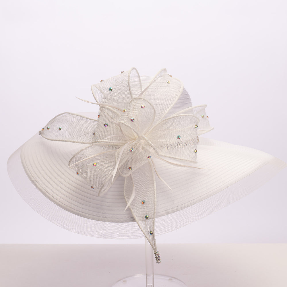 Sombrero de ala ancha con diseño de Sombrerero Loco y diamantes de imitación, color blanco