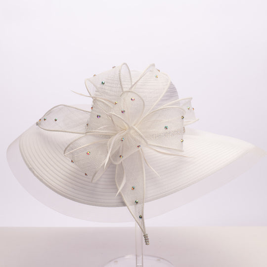 Sombrero de ala ancha con diseño de Sombrerero Loco y diamantes de imitación, color blanco