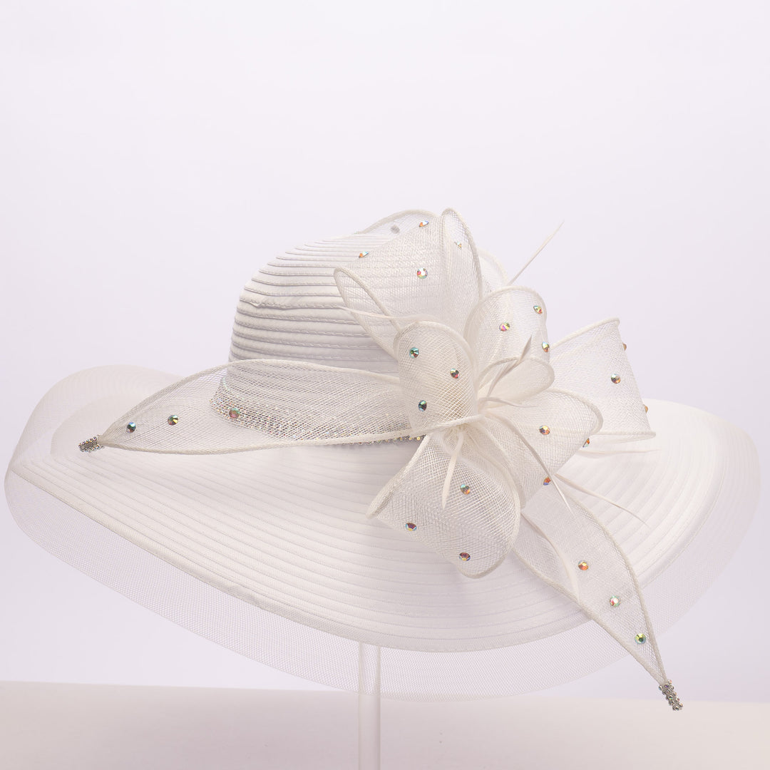 Sombrero de ala ancha con diseño de Sombrerero Loco y diamantes de imitación, color blanco