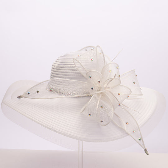 Sombrero de ala ancha con diseño de Sombrerero Loco y diamantes de imitación, color blanco