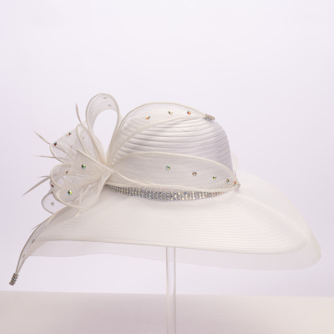 Sombrero de ala ancha con diseño de Sombrerero Loco y diamantes de imitación, color blanco