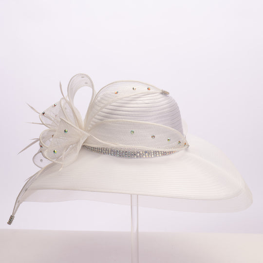 Sombrero de ala ancha con diseño de Sombrerero Loco y diamantes de imitación, color blanco
