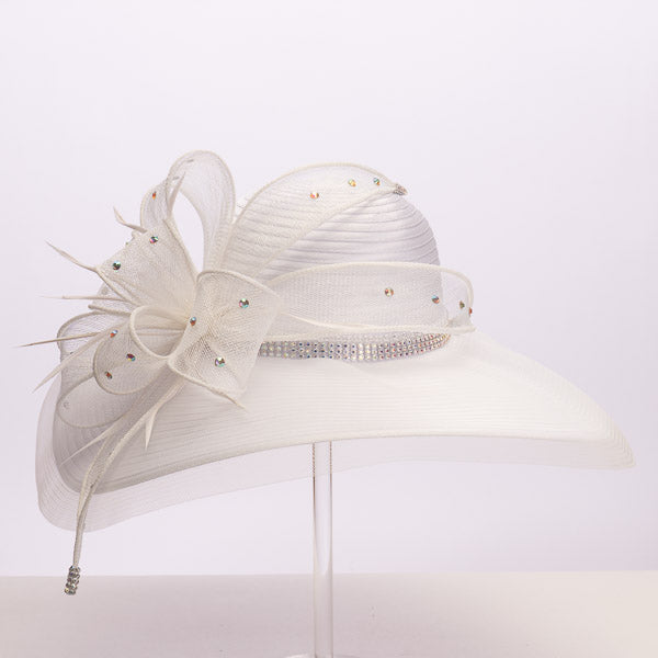 Sombrero de ala ancha con diseño de Sombrerero Loco y diamantes de imitación, color blanco