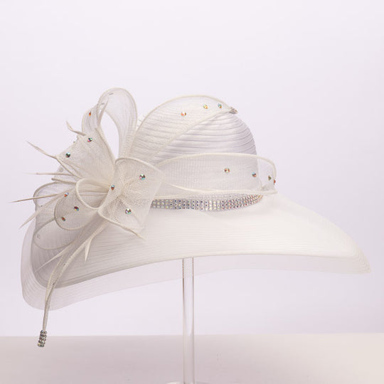 Sombrero de ala ancha con diseño de Sombrerero Loco y diamantes de imitación, color blanco