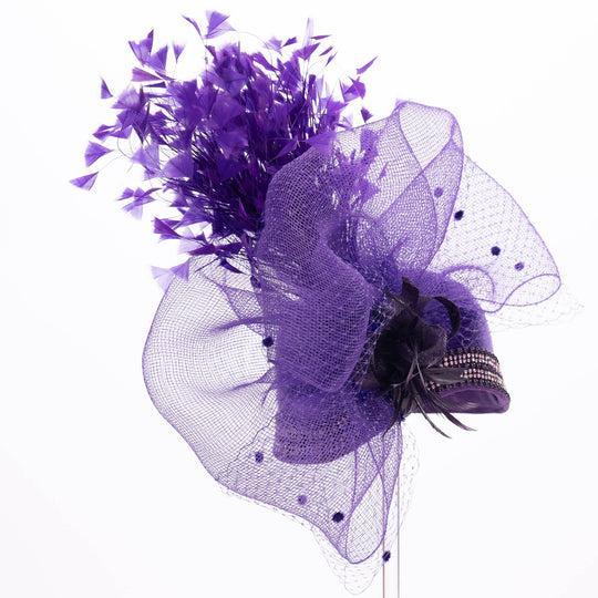 Variety Feather And Puff Crinoline Bow On Satin Cloche Base: Purple