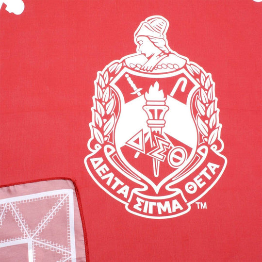 DST Sorority scarf in red and white featuring the shield, Lady Fortitude print, and zigzag stripe edging.