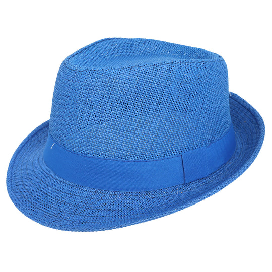 Paper Braid Panama Fedora Hat with Satin Band – Royal Blue