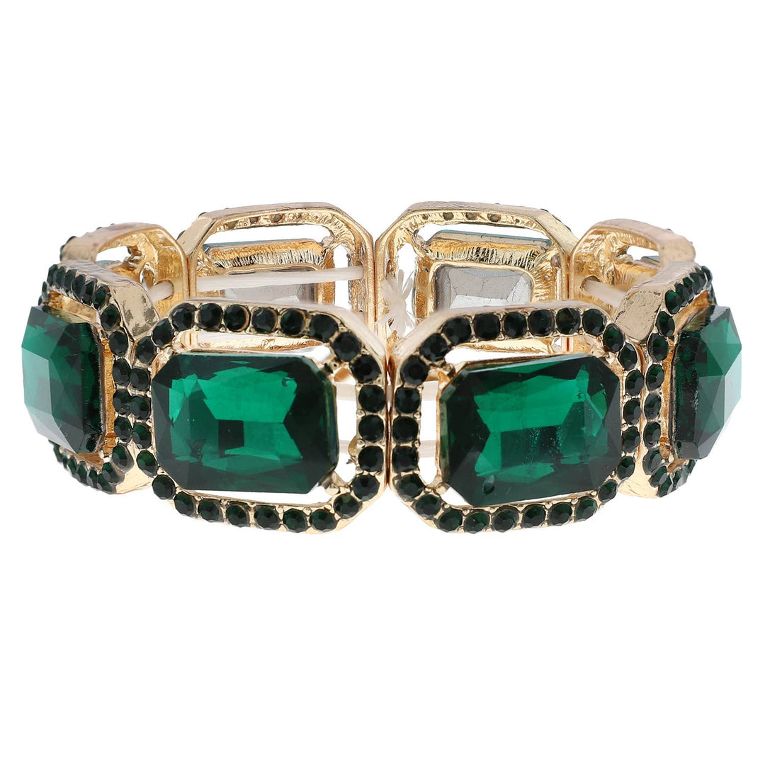 Rectangular Octagon Rhinestone w/ Halo Cocktail Bracelet: Green