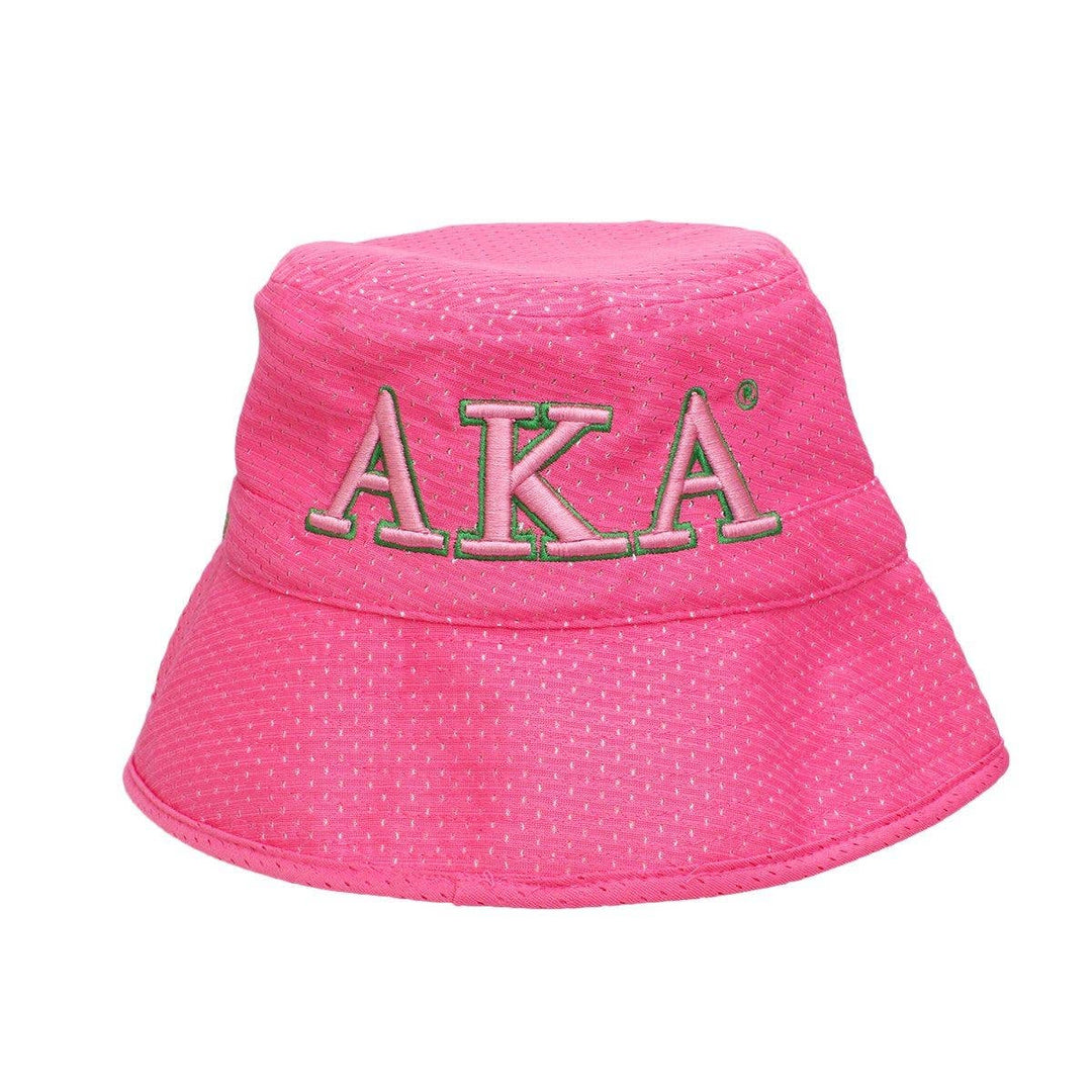Pink bucket hat with 'AKA' embroidery on a white background