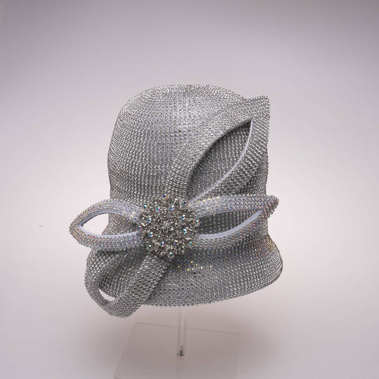 Bell Shape Hat Covered In Rhinestone With Leaf Shape Trim: Black