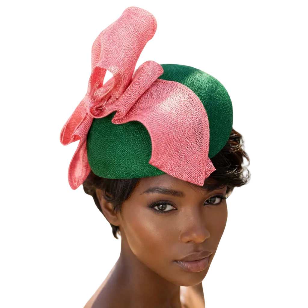 Woman wearing a green and pink headpiece with plants in the background