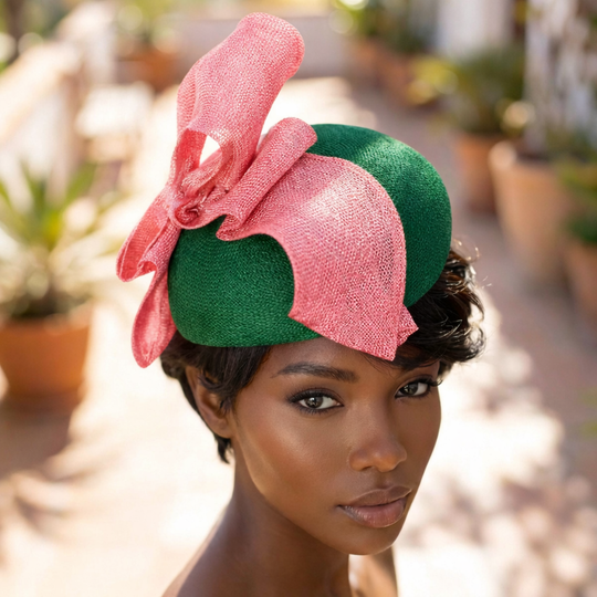 Woman wearing a green and pink headpiece with plants in the background