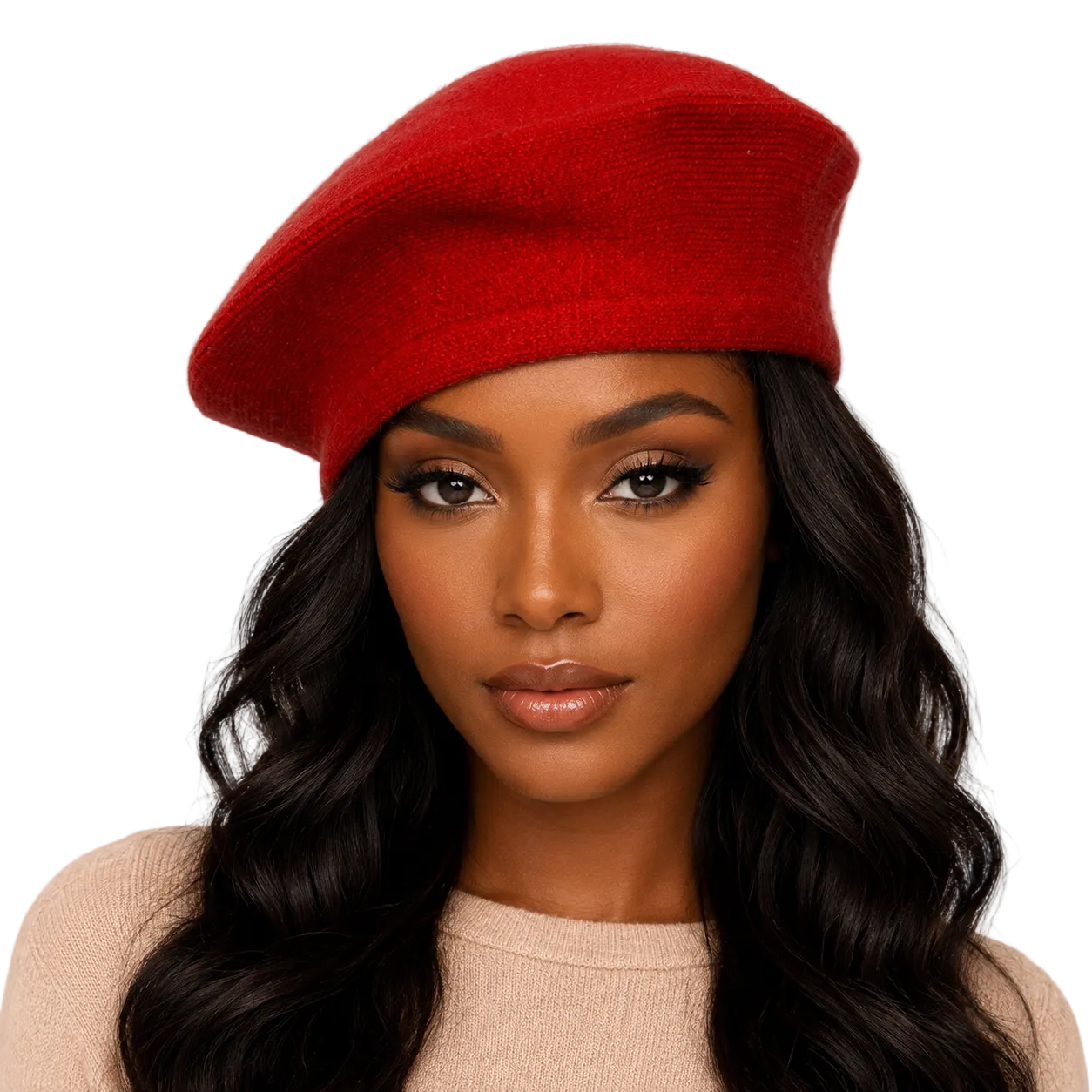 A woman with long, dark, wavy hair wearing a bright red knit beret and a beige knit top, photographed against a solid light gray background.