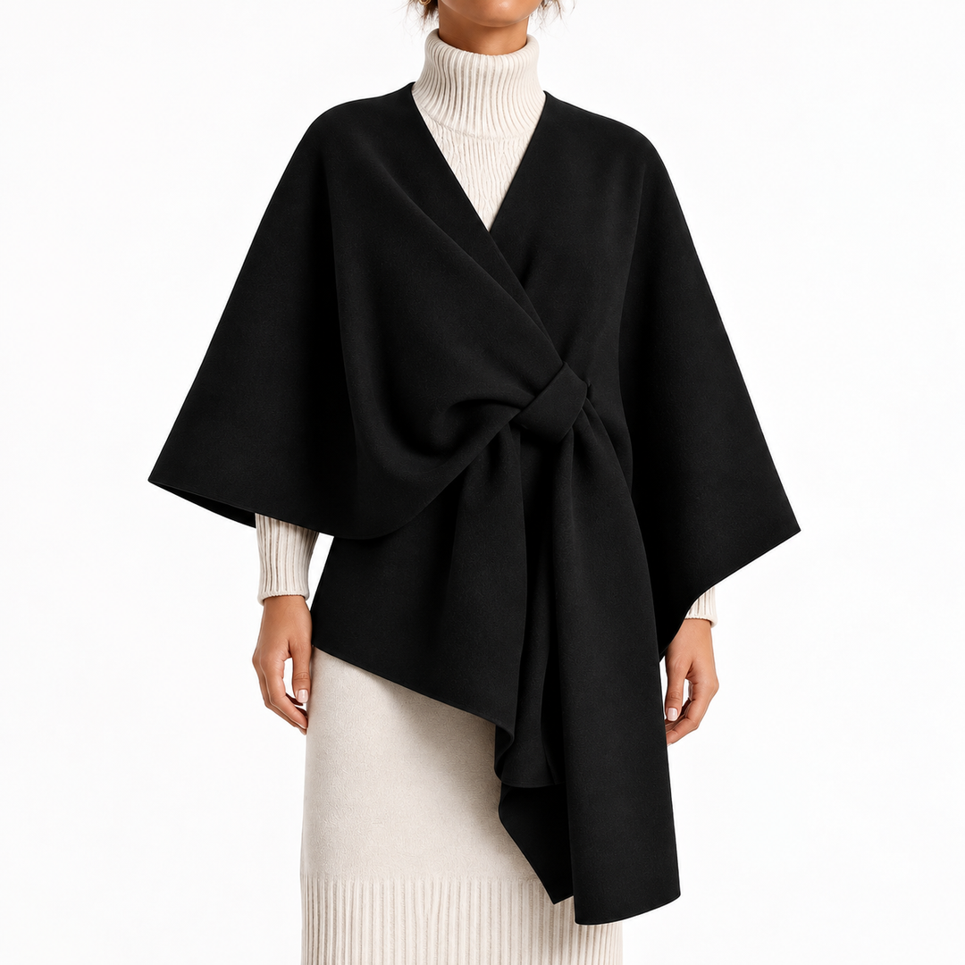 Italian Large Poncho with Knot Closure – Black