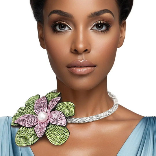 Handcrafted Brilliance Flower Choker Necklace: Pink and Green