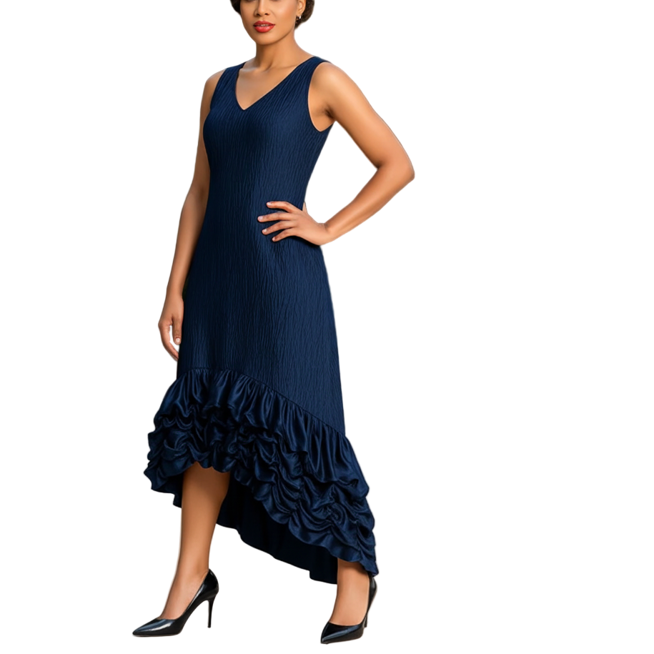 Woman in a navy blue dress standing outdoors with greenery and benches in the background