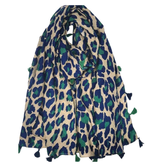 Beige Green Leopard Cotton Blend Scarf w/tassels