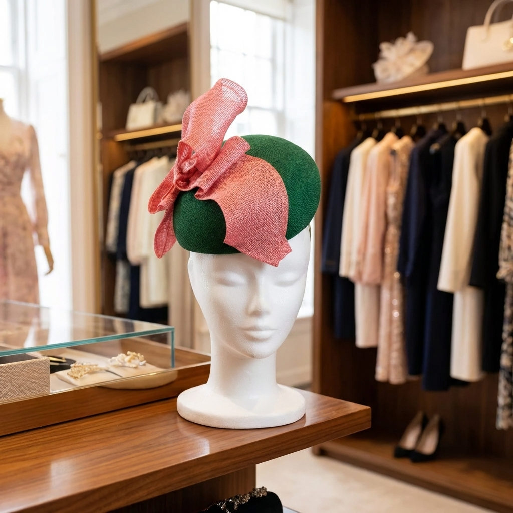 Savannah Bow Sinamay Fascinator – Emerald  Green &amp; Salmon Pink