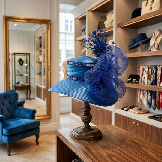 Satin Sailor Hat with Mesh Crinoline Bow - Royal