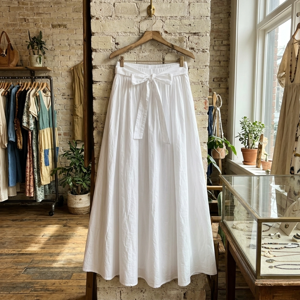 A white high-waisted midi skirt with a tie waistband, hanging on a wooden hanger against a rustic brick wall in a boutique setting.