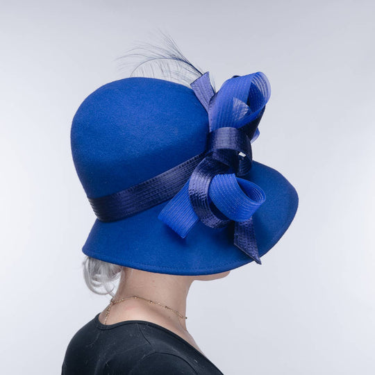 Feather Bow Trim Asymmetric Wool Felt Hat: Royal