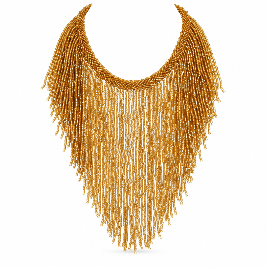 African Beaded Fringe Necklace: Gold