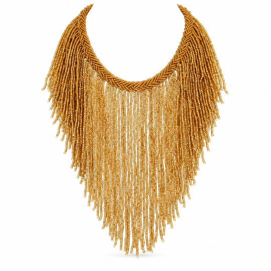 African Beaded Fringe Necklace: Gold