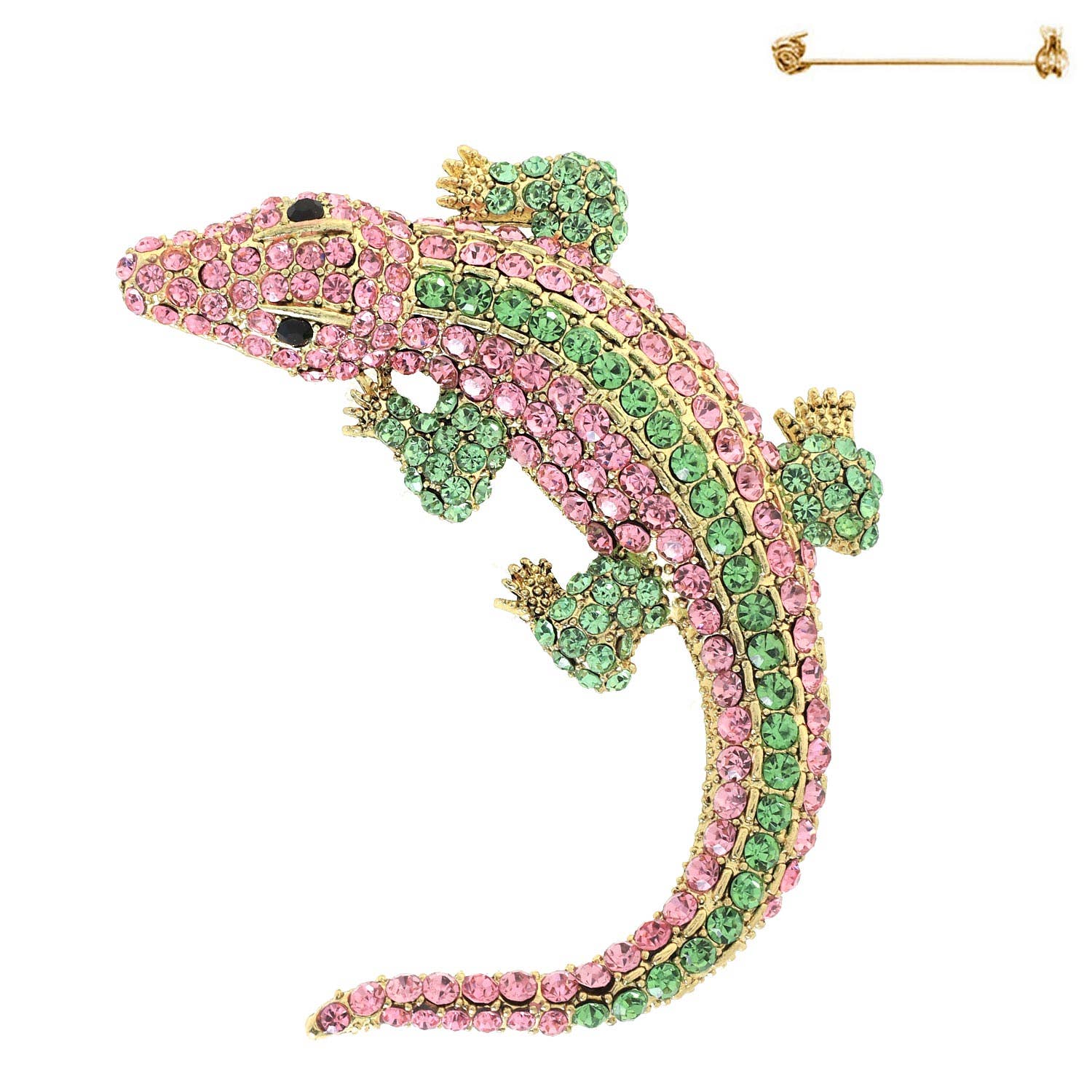 A brooch designed in the shape of an alligator or crocodile, adorned with pink and green rhinestones and crystals.