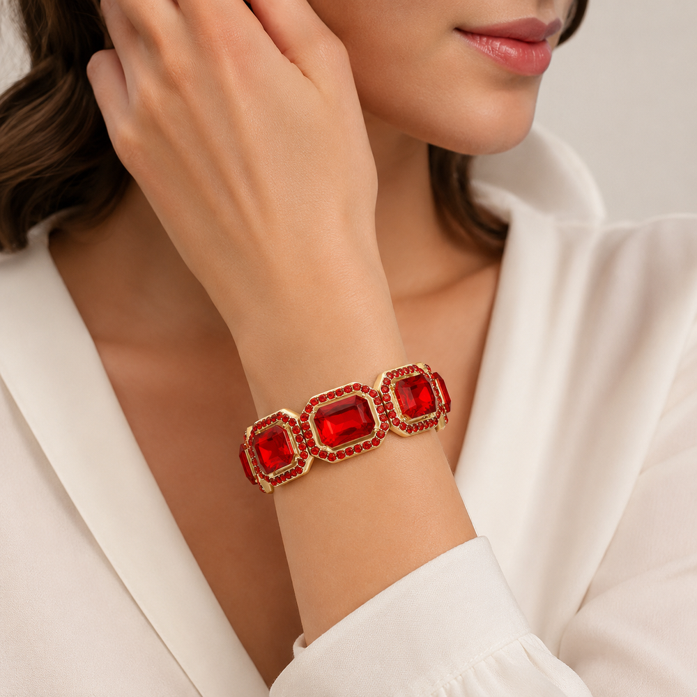 Rectangular Octagon Rhinestone Cocktail Bracelet: Red