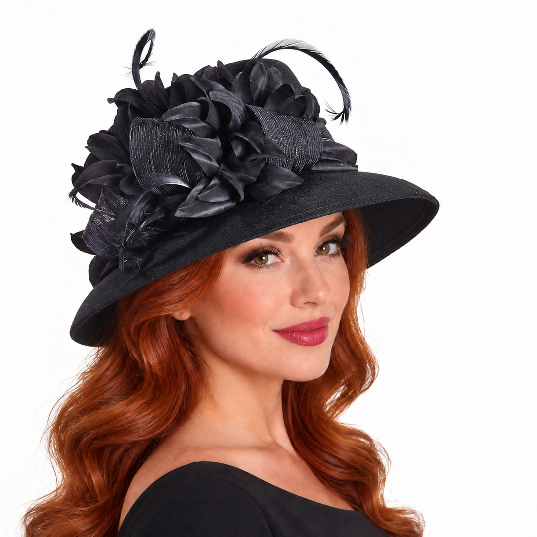 Wool Felt Wide Brim Hat with Floral Trim: Black