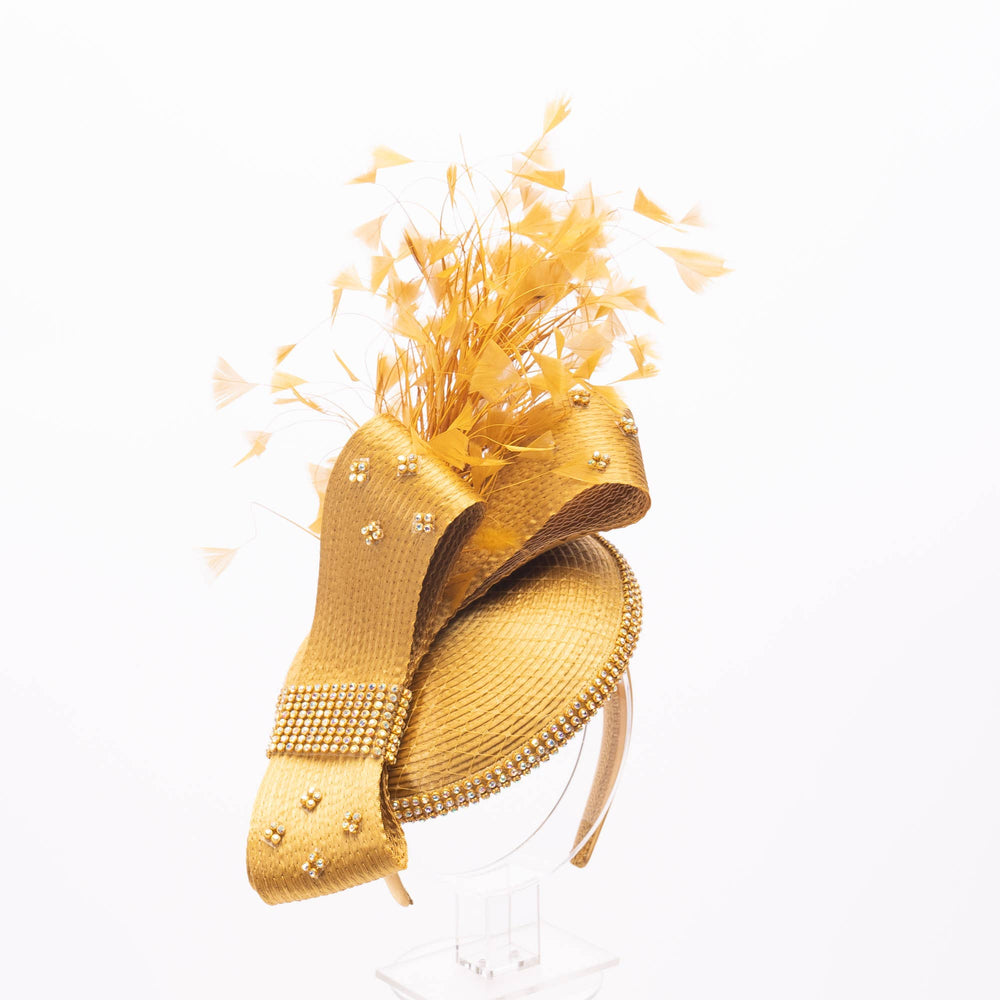Beautiful headband with rhinestone AND feather - Gold