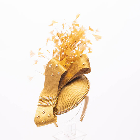 Beautiful headband with rhinestone AND feather - Gold