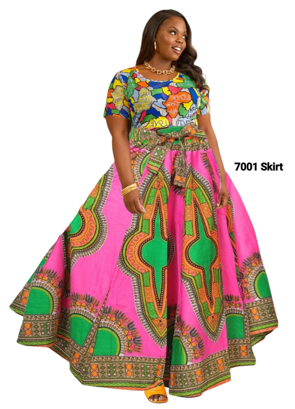 7001 Women Long Maxi Skirt- Pink Dashiki: Pink