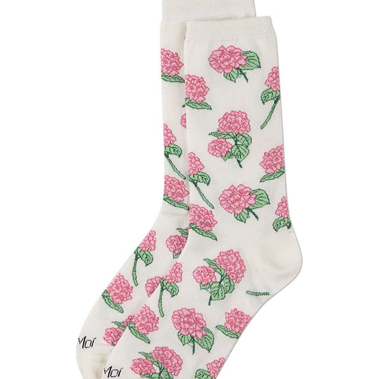 A pair of off-white crew socks with an all-over pink rose and green leaf pattern, displayed against a solid white background.