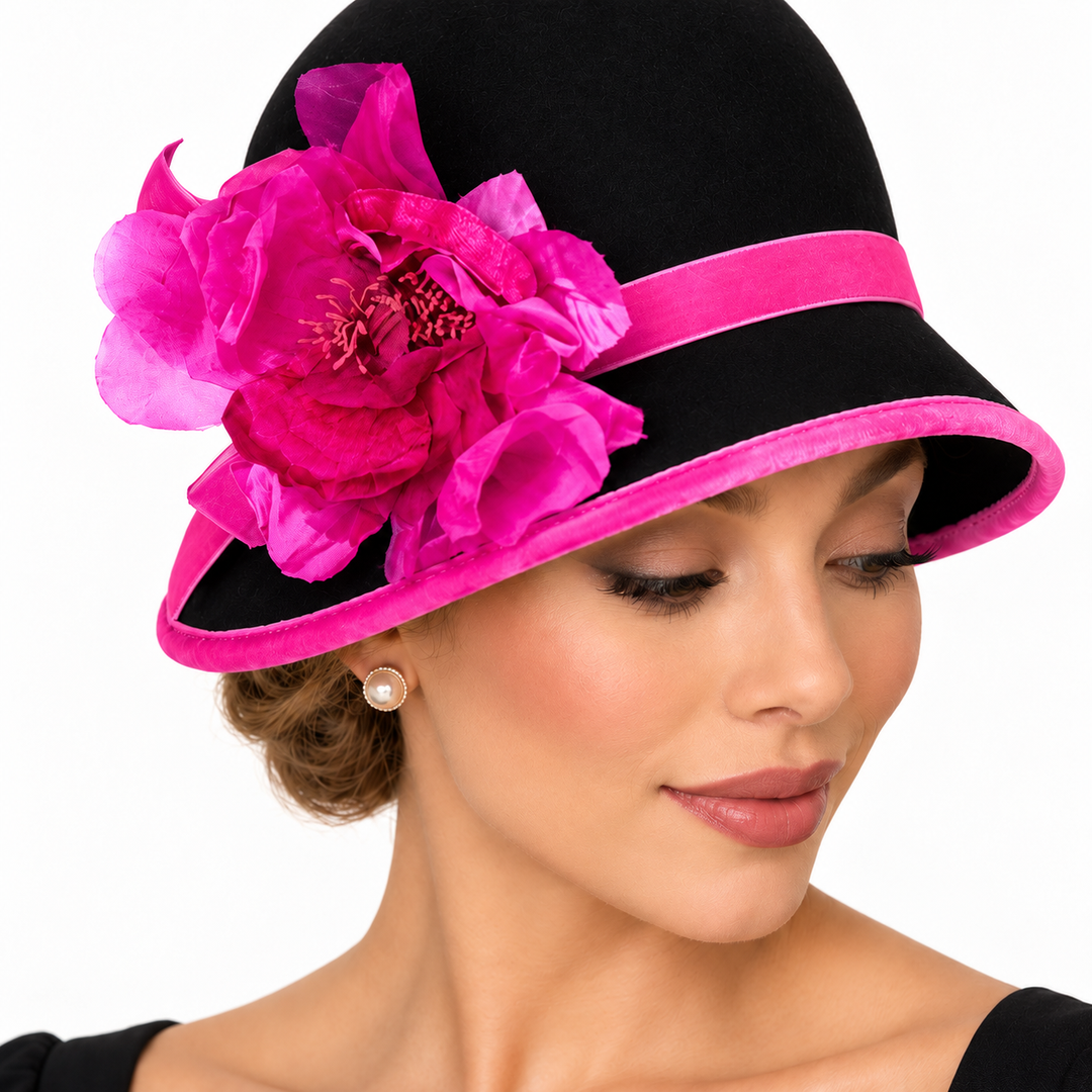 Black &amp; Pink Cloche Hat with Silk &amp; Velvet Trim