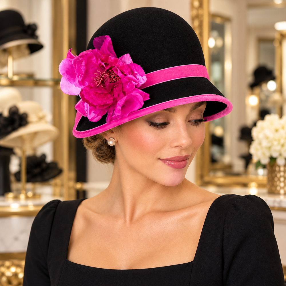 Black & Pink Cloche Hat with Silk & Velvet Trim