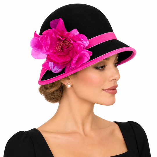 Black &amp; Pink Cloche Hat with Silk &amp; Velvet Trim