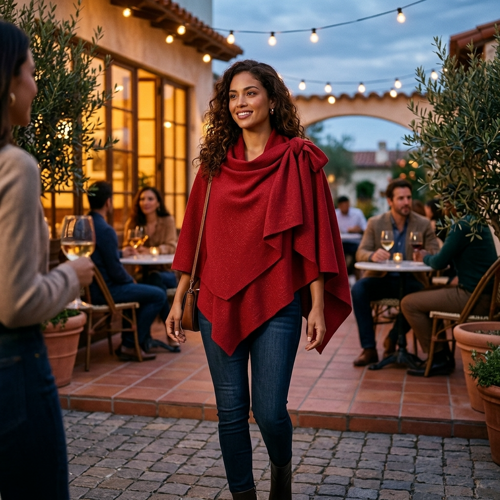 Elegant Side Bow Drape Poncho – Red