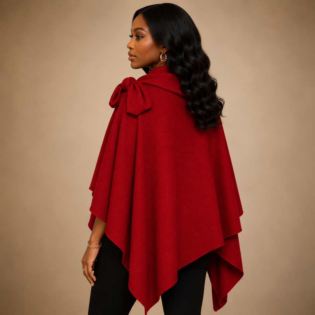 Asymmetrical Side Bow Poncho Wrap – Red
