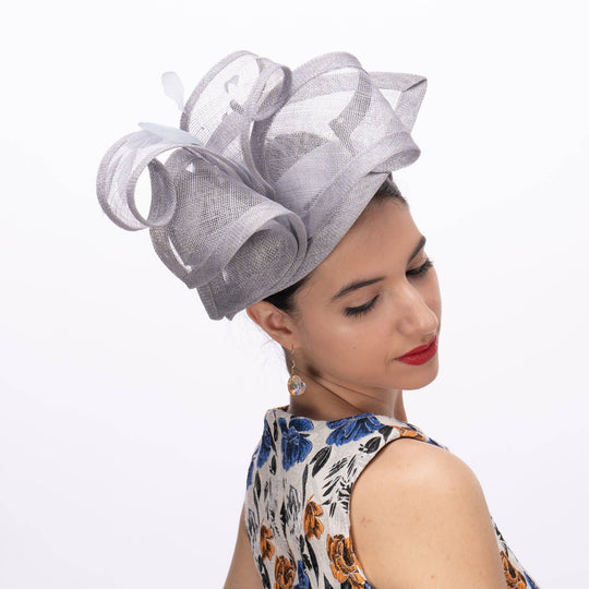 Lilly Shape Sinamay Swirls Feather Fascinator: Silver