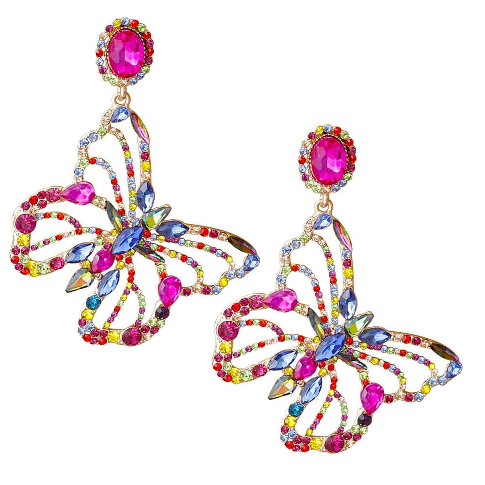 XLarge Multi Rhinestone Butterfly Earrings: 4 inches / Multi Color / Gold