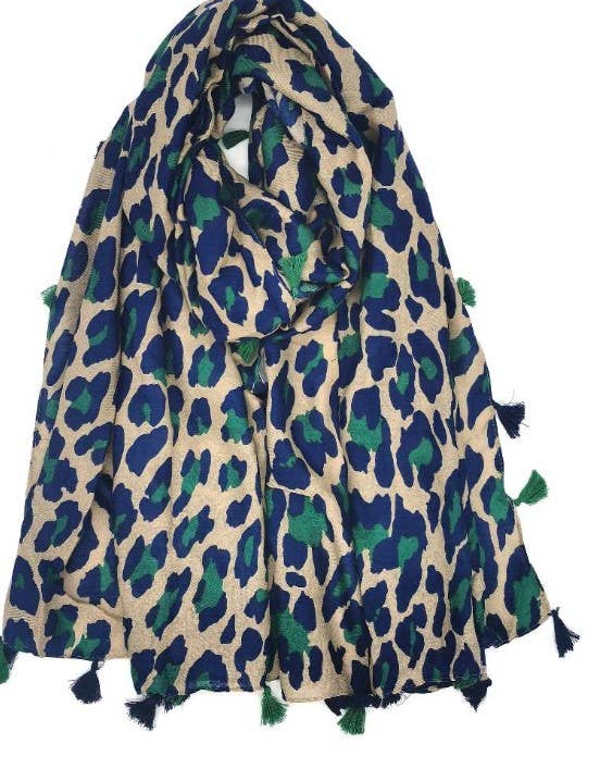 Beige Green Leopard Cotton Blend Scarf w/tassels