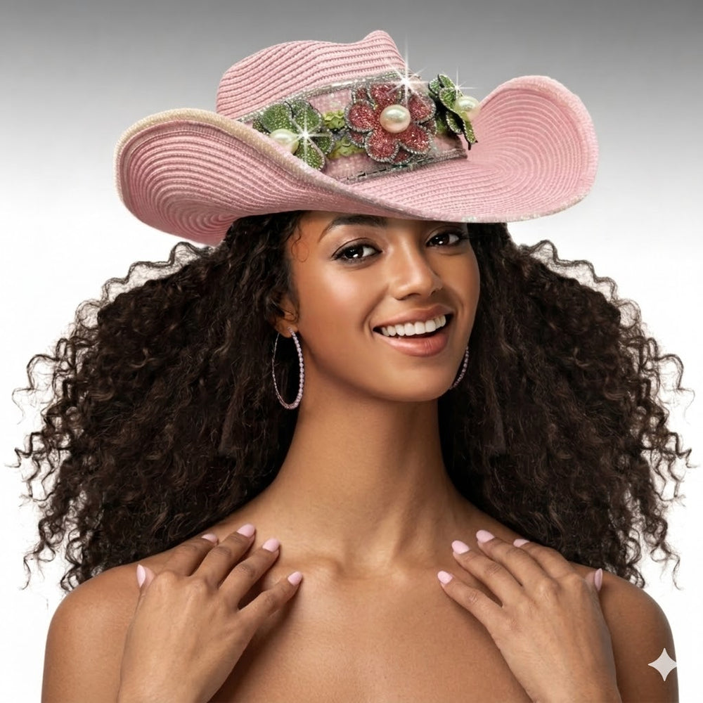 Woman wearing a pink cowboy hat with floral decorations on a gray background