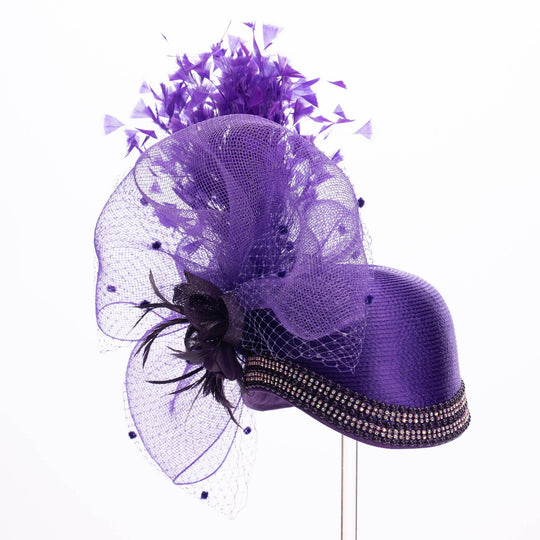 Variety Feather And Puff Crinoline Bow On Satin Cloche Base: Purple