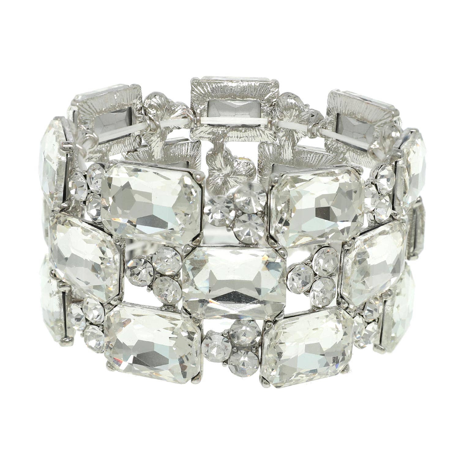 Silver bracelet with clear gemstones on a white background